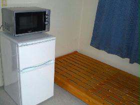 Living and room. bed, refrigerator, microwave
