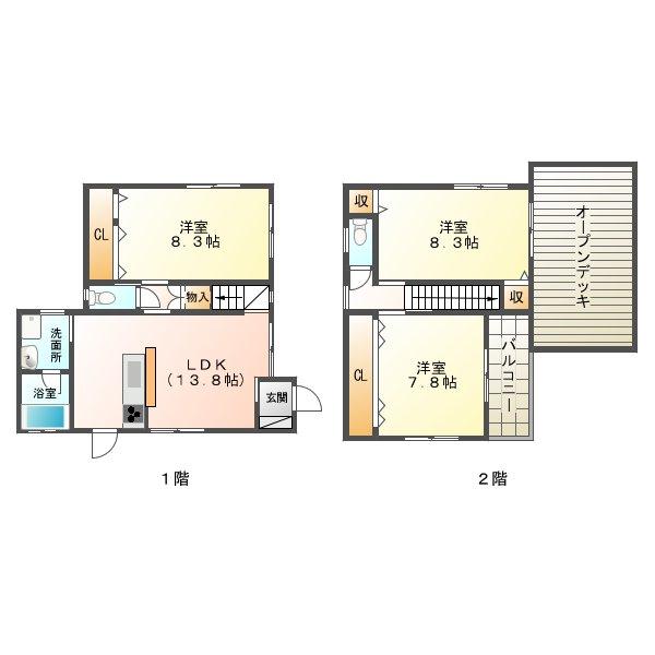Floor plan. 14.8 million yen, 3LDK, Land area 129.6 sq m , Building area 90.34 sq m