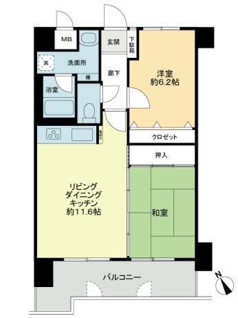 Floor plan. 2LDK, Price 9.8 million yen, Footprint 56.7 sq m , Balcony area 10.35 sq m