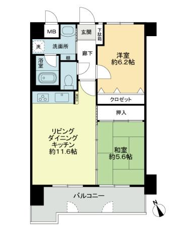 Floor plan. 2LDK, Price 12.8 million yen, Footprint 56.7 sq m , Balcony area 10.35 sq m