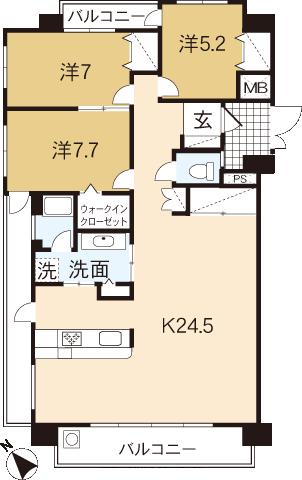 Floor plan. 3LDK, Price 39,800,000 yen, Occupied area 99.38 sq m , Balcony area 22.46 sq m floor plan
