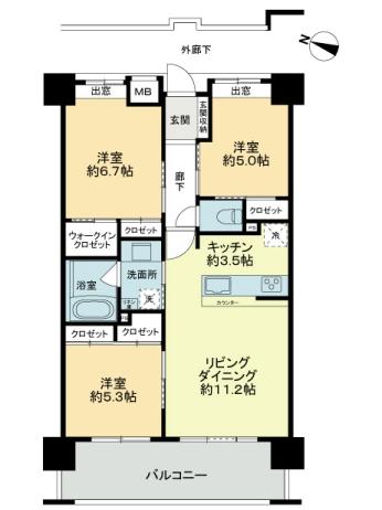 Floor plan. 3LDK, Price 22,800,000 yen, Occupied area 70.08 sq m , Balcony area 12.58 sq m