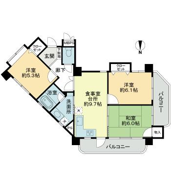 Floor plan. 3DK, Price 13,900,000 yen, Occupied area 62.16 sq m , Balcony area 12.36 sq m
