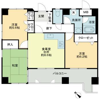 Floor plan. 3DK, Price 15.6 million yen, Occupied area 65.01 sq m , Balcony area 11.77 sq m