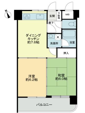Floor plan. 2DK, Price 9.8 million yen, Occupied area 45.92 sq m , Balcony area 7.34 sq m