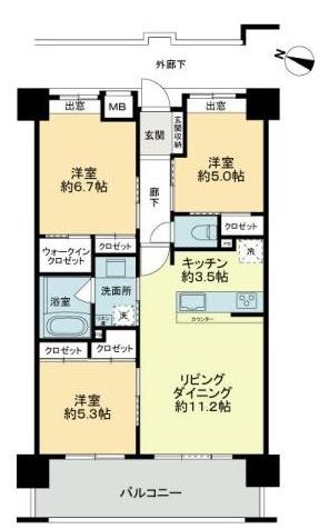 Floor plan. 3LDK, Price 22,800,000 yen, Occupied area 70.08 sq m , Balcony area 12.58 sq m floor plan