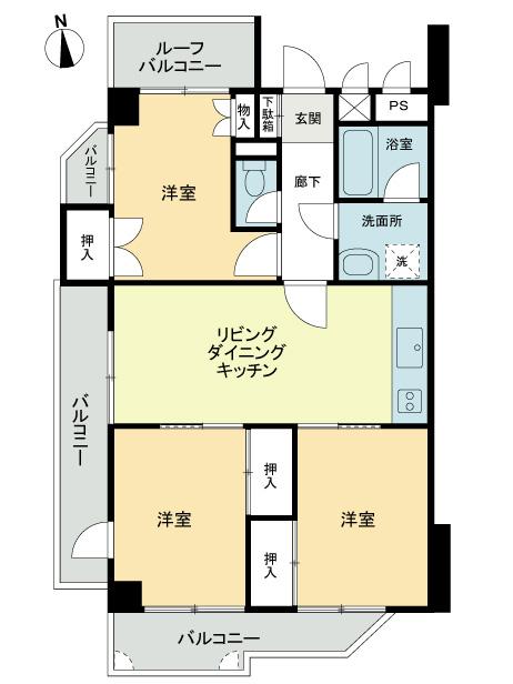 Floor plan. 3LDK, Price 8.8 million yen, Occupied area 68.38 sq m , Balcony area 18.28 sq m