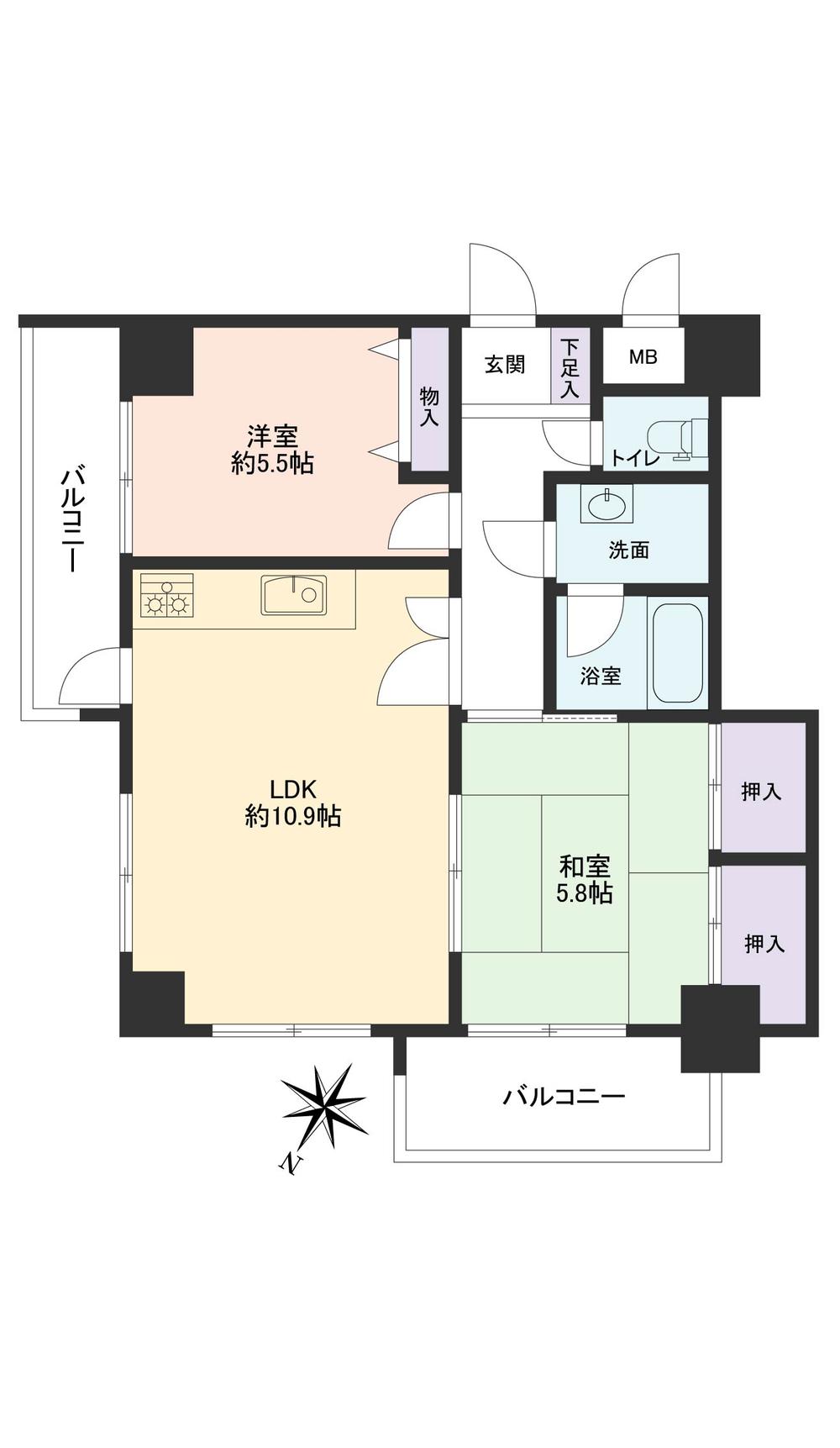 Floor plan. 2LDK, Price 13.3 million yen, Footprint 55.5 sq m , Balcony area 9.79 sq m