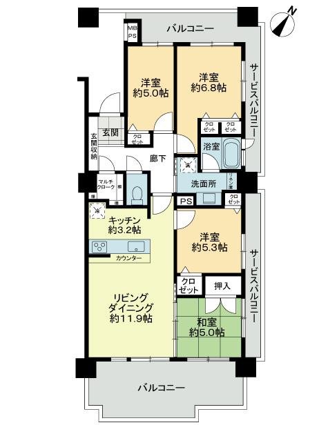 Floor plan. 4LDK, Price 34,800,000 yen, Occupied area 85.02 sq m , Balcony area 22.08 sq m