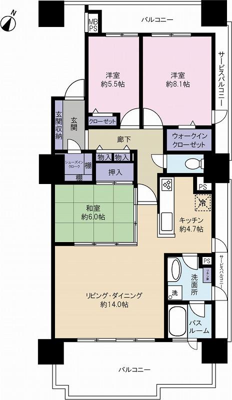 Floor plan. 3LDK, Price 38,500,000 yen, Occupied area 90.94 sq m , Balcony area 23.16 sq m floor plan