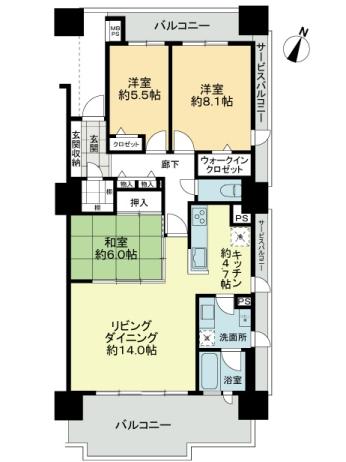 Floor plan. 3LDK, Price 37,900,000 yen, Occupied area 90.94 sq m , Balcony area 23.16 sq m