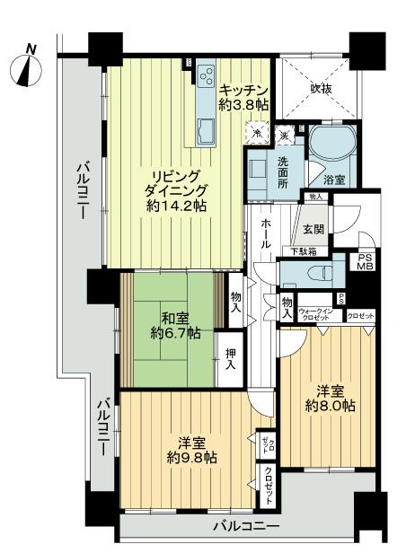 Floor plan. 3LDK, Price 34 million yen, Occupied area 94.54 sq m , Balcony area 27.87 sq m