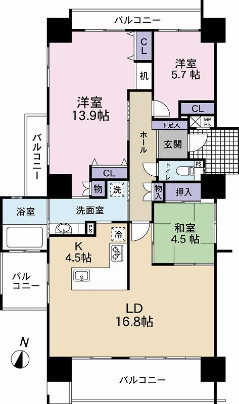 Floor plan. 3LDK, Price 32,800,000 yen, Occupied area 99.46 sq m , Balcony area 23.75 sq m floor plan