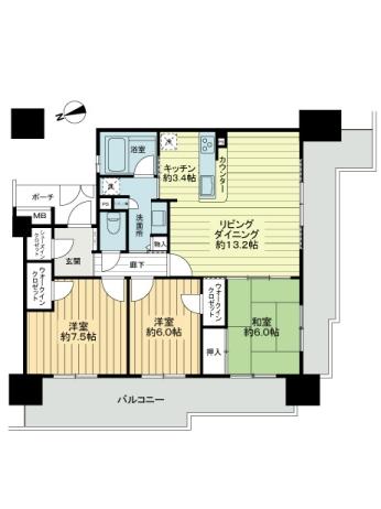 Floor plan. 3LDK, Price 27,800,000 yen, Occupied area 80.72 sq m , Balcony area 31.39 sq m