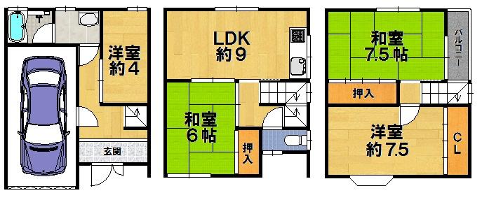 Floor plan. 8.9 million yen, 3LDK + S (storeroom), Land area 41.01 sq m , Building area 89.88 sq m
