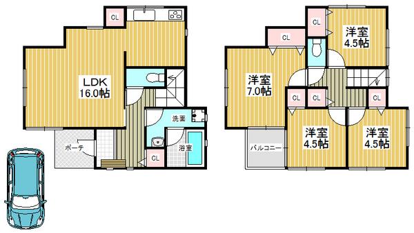 Floor plan. 19,800,000 yen, 4LDK, Land area 90.85 sq m , Residence of 4LDK equipped with a building area of ​​88.29 sq m parking space