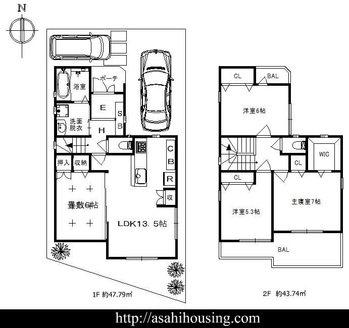 Floor plan. 35,800,000 yen, 4LDK, Land area 96.58 sq m , Building area 91.53 sq m 1F 47.79 sq m 2F 43.74 sq m Total floor 91.53 sq m