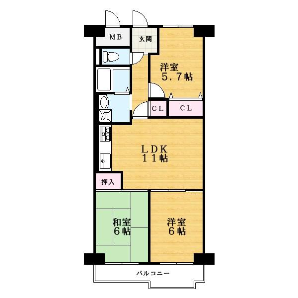Floor plan. 3LDK, Price 9.8 million yen, Occupied area 66.75 sq m , Balcony area 7.45 sq m