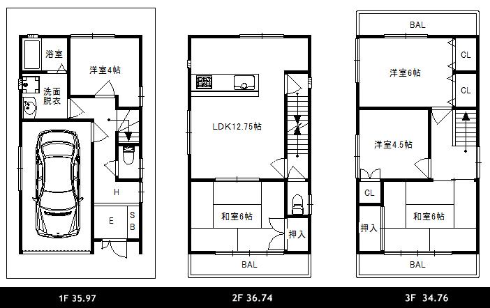 Floor plan. 13.8 million yen, 5LDK, Land area 50.45 sq m , Building area 107.47 sq m 1F 35.97 sq m  ・ 2F 36.74 sq m  ・ 3F 34.76 sq m Total floor area 107.47 sq m