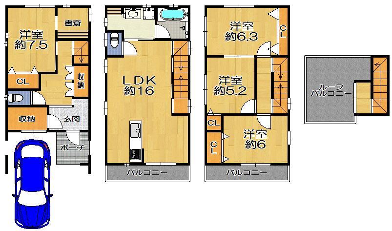 Floor plan. 28.8 million yen, 4LDK + S (storeroom), Land area 64.55 sq m , Building area 116.87 sq m