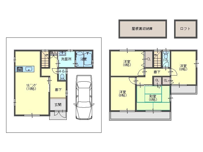 Floor plan. 22.5 million yen, 4LDK, Land area 82.8 sq m , Building area 93.15 sq m   ■ Bright room with spacious frontage! ! Good per yang.  ■ Equipped with attic storage + loft! ! Fashionable to happily clean up