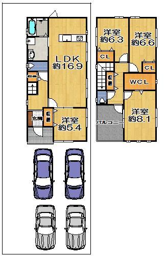 Floor plan. 35,800,000 yen, 4LDK, Land area 147.99 sq m , Building area 111 sq m 4LDK (LDK16.9 quire ・ Western-style 5.4 Pledge ・ 6.3 Pledge ・ 6.6 Pledge ・ 8.1 Pledge)