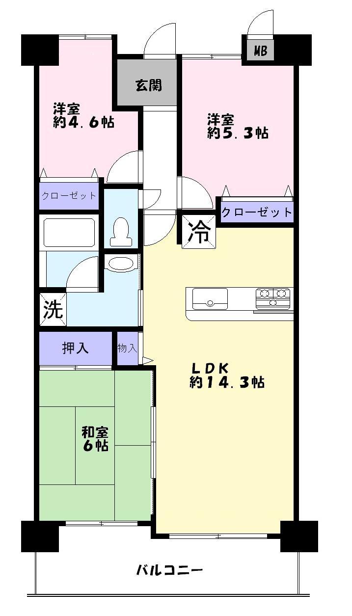 Floor plan. 3LDK, Price 15 million yen, Occupied area 64.11 sq m , Balcony area 8.7 sq m