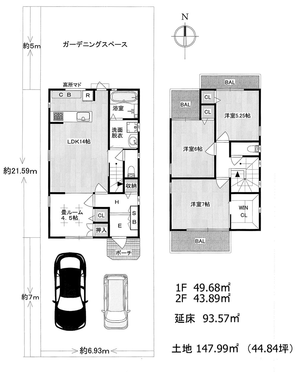 Building plan example (floor plan). Building plan example Building price 14 million yen 1F 49.68 sq m   2F 43.89 sq m Total floor area      93.57 sq m