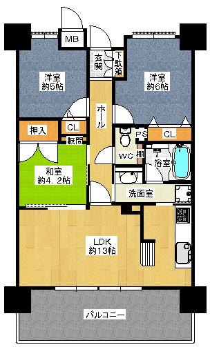 Floor plan. 3LDK, Price 21,800,000 yen, Occupied area 64.04 sq m , Balcony area 13.5 sq m