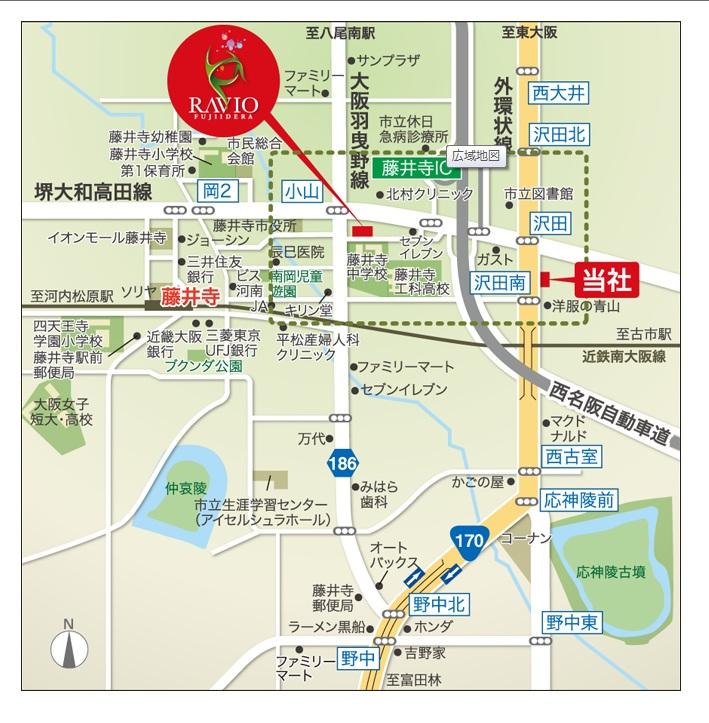 Local guide map. Kintetsu Minami-Osaka Line "Fujiidera" station walk 9 minutes of good location. Downtown to excellent surrounding environment to the convenience of the 15-minute.