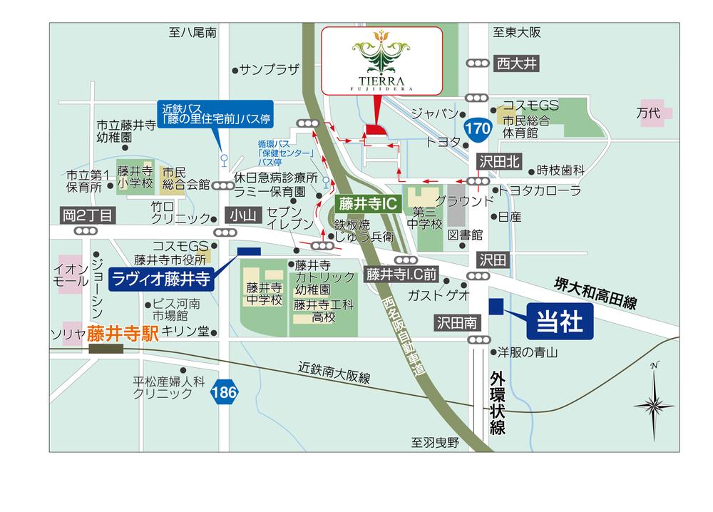 Local guide map. Fujiidera The surrounding area is a life easy town commercial facilities have blessed such as ion Mall.