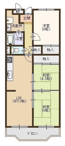 Floor plan. 3LDK, Price 10.8 million yen, Occupied area 66.28 sq m , Balcony area 7.45 sq m floor plan here