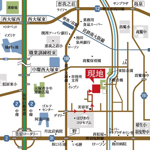 Local guide map. Not only station, Also nearby, such as the main trunk line and Hanwa motorway, Also lightly footwork be either car by train. Also educational facilities, Enhanced shopping facilities are within walking distance! Spread even action range, More time to spend with family Local guide map