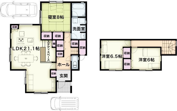 Floor plan. Is a floor plan of the model house. Order to effectively take advantage of the spacious land, Take a wide first floor, It does not also provided only children's room on the second floor. The whole family is the floor plan, such as spend long on the first floor.