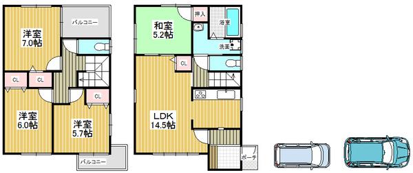 Floor plan. 25,800,000 yen, 4LDK, Land area 103.72 sq m , Building area 91.52 sq m convenient parking space two Allowed, Is the residence of 4LDK