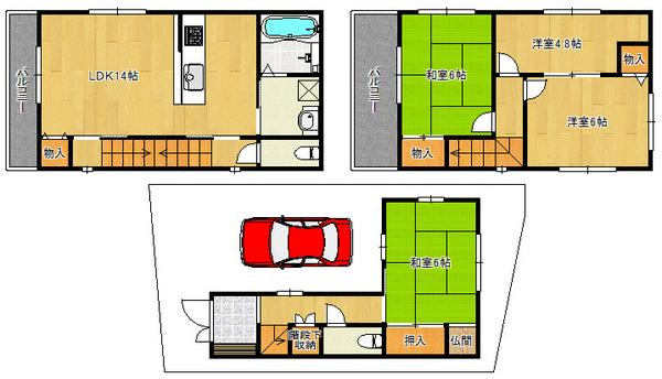 Floor plan. 18.9 million yen, 4LDK, Land area 57.36 sq m , Building area 87.91 sq m in 2000 Built Face-to-face kitchen High roof PARKING Is a good floor plan easy to use. 
