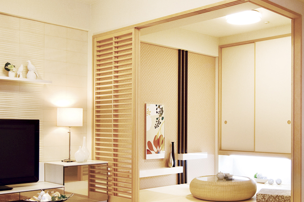 Interior.  [Japanese-style room] Living to open the sliding door ・ A large space continuous with the dining, And to separate the living room and close the sliding door, It is a Japanese-style room that can be a variety of usage (B type model room. Some including optional specifications (paid ・ Deadline Yes))