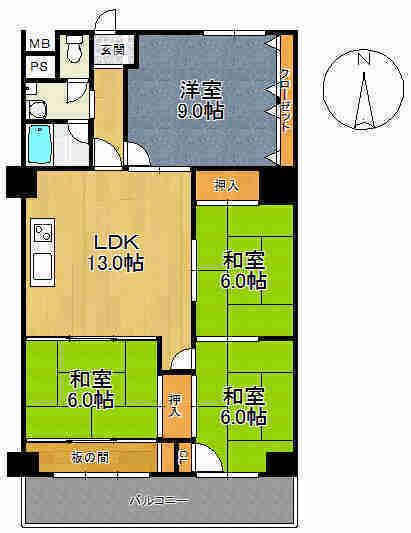 Floor plan. 4LDK, Price 11.4 million yen, Occupied area 86.54 sq m , Spacious living space on the balcony area 6.32 sq m whole room with storage space ☆