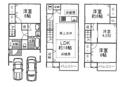 Floor plan. 21,700,000 yen, 4LDK, Land area 61.44 sq m , Building area 101.25 sq m 4LDK + is a parking space two