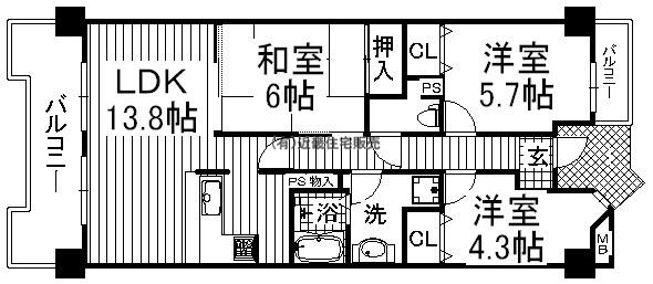 Floor plan. 4LDK, Price 12.8 million yen, Occupied area 65.61 sq m , Balcony area 13.19 sq m