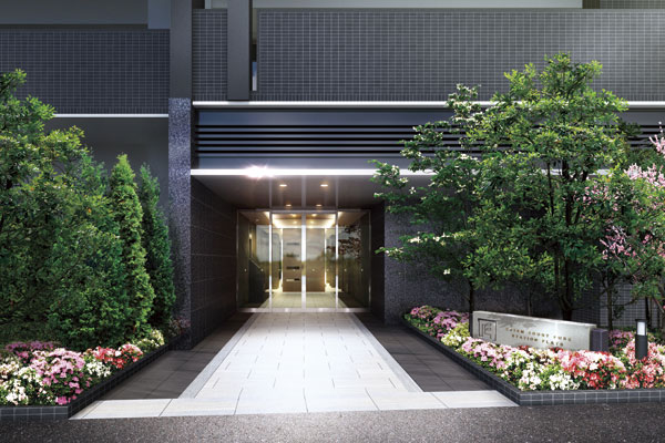 Features of the building.  [Entrance approach] And the green of the trees to direct to the street corner of the city landscape of moisture, Entrance approach colorful some flowers greet. Dark brown tiles arranged in front, Entrance facade of calm in the profound is, I was feeling fine private residence area (Rendering)