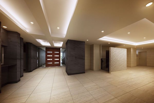 Shared facilities.  [Entrance hall] And step into one step foot, Entrance Hall to be filled to relax along with the quality of height. Off-white and the material of contrast the dark brown tones and is, Such as the City hotel lobby, To produce a modern atmosphere (Rendering)