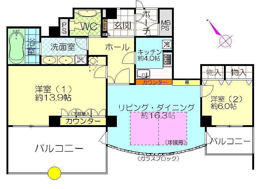 Floor plan. 2LDK, Price 22,900,000 yen, Occupied area 92.64 sq m , Balcony area 22.2 sq m