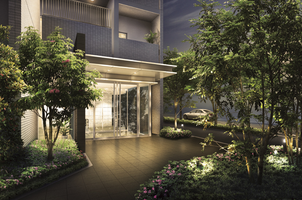 Features of the building.  [entrance] Entrance approach to private time invites the family, Rich and mellow space that has been colored in green planting. Laying tiles on the floor, Subjected to a design full of elegance of modern taste, Here to dwell pride and joy has been expressed casually (Rendering)