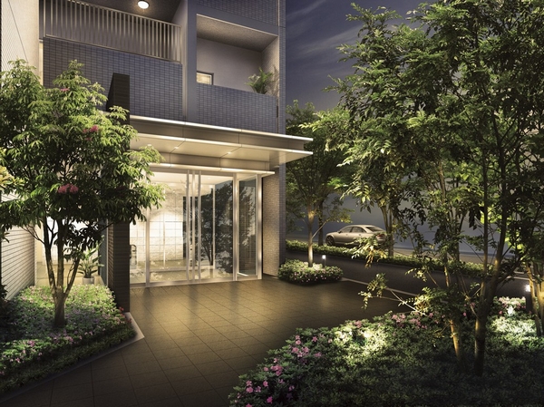 Entrance approach of rich and mellow space that has been colored in green planting, Modern taste of noble design laid the tile on the floor (Rendering)