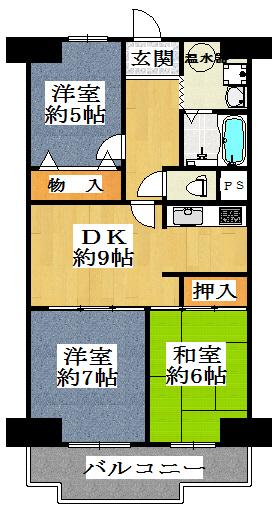 Floor plan. 3LDK, Price 13.8 million yen, Footprint 61.6 sq m , Balcony area 7.68 sq m