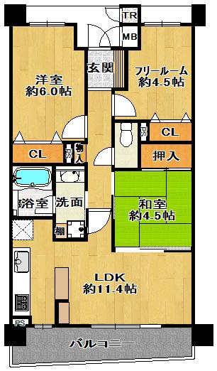 Floor plan. 3LDK, Price 19,980,000 yen, Occupied area 60.21 sq m , Balcony area 11.52 sq m