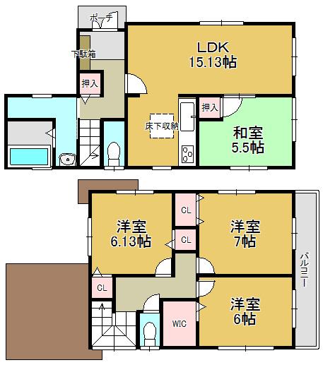 Floor plan. 27.3 million yen, 4LDK, Land area 98.55 sq m , Building area 95.98 sq m total living room with storage space, Wife happy with a walk-in closet!