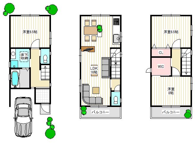 Floor plan. 23.8 million yen, 3LDK + S (storeroom), Land area 53.97 sq m , Building area 84.45 sq m urban three-story house It is the entire road spacious 8m road.