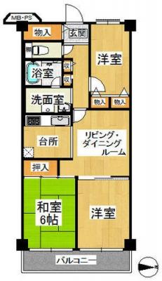 Floor plan. 3LDK, Price 10.8 million yen, Footprint 64.4 sq m , Balcony area 6.72 sq m inverted type
